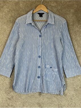 Ali Miles Shirt Womens Medium Blue Stripe Cotton Blend Button Tunic- 4534